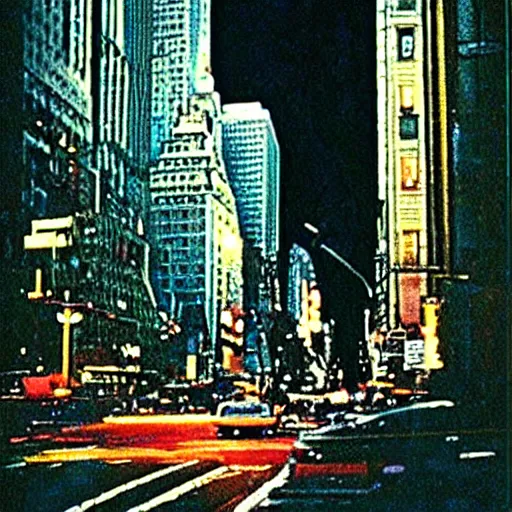 Prompt: Beautiful colored-photo cameraphone 1988 soft Photograph of New York city a night