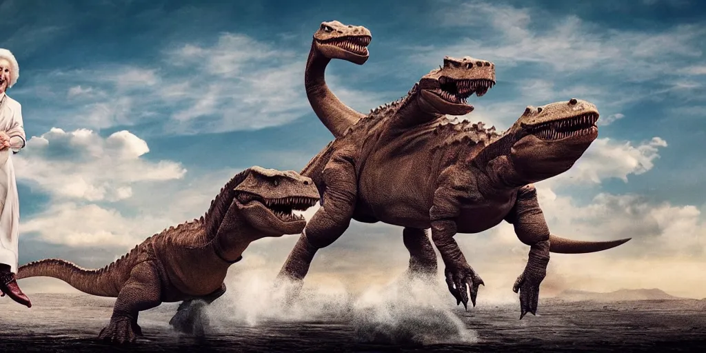 Prompt: mirtha legrand riding a dinosaur, cinematic, 4 k, movie