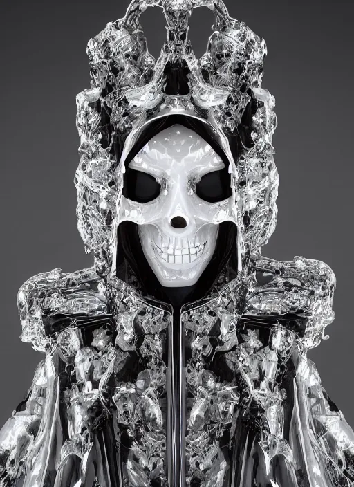 Prompt: photo of fullbodied baroque and bladerunner delicate neon diamond sculpture of seductive onyx albino marble prince zhengyang zhang dotado mint iridescent humanoid deity wearing black plastic trashbag hooded cloak holding hellfire skull in a onyx alien dungeon, reclining, glowing magenta face, crown of white diamonds, cinematic lighting, photorealistic, octane render 8 k depth of field 3 d