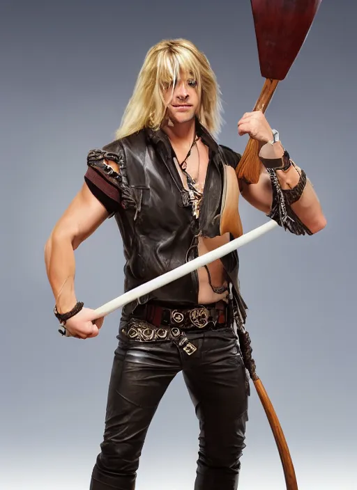 Image similar to a male ranger with a bongo drum and holding nunchaku, wearing a leather vest and white linen pants, chiseled good looks, long swept back blond hair, puka shell necklace, dnd, digital art