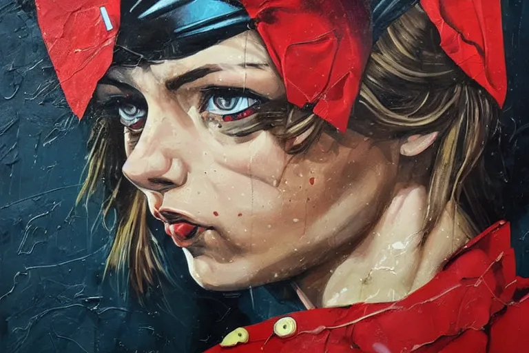 Image similar to a sad female soviet soldier, art by Sandra Chevrier