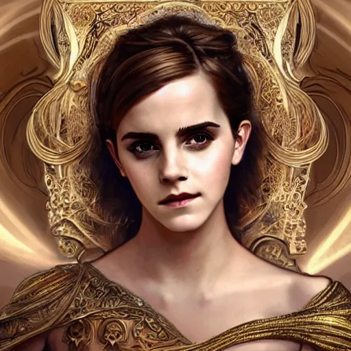 Image similar to Emma Watson as a Greek Goddess, cute, fantasy, intricate, elegant, highly detailed, digital painting, 4k, HDR, concept art, smooth, sharp focus, illustration, art by artgerm and H R Giger and alphonse mucha