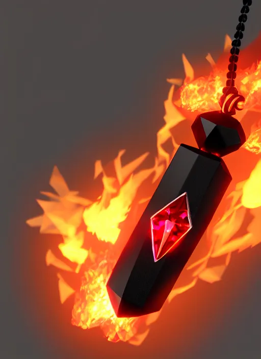 Image similar to rpg item, a black necklace with a red diamond pendant in flames, Unreal 5, DAZ, hyperrealistic, rpg style, octane render, dynamic lighting