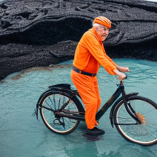 Prompt: elderly man on an aqua bike in a lava flow, volcano, eruption, magma, lava, canon eos r 3, f / 1. 4, iso 2 0 0, 1 / 1 6 0 s, 8 k, raw, unedited, symmetrical balance, wide angle