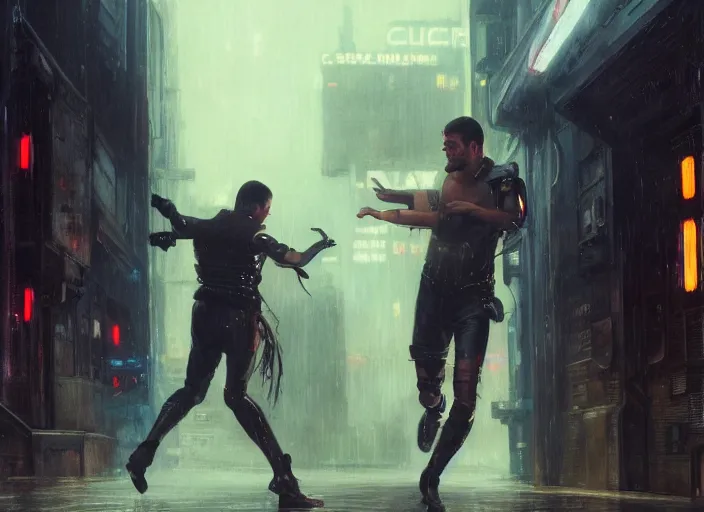 Prompt: blade runner fighting android 🤼 ( blade runner 2 0 4 9, cyberpunk 2 0 7 7 character design ). orientalist portrait by john william waterhouse and james gurney and theodore ralli and nasreddine dinet, oil on canvas. cinematic, hyper realism, realistic proportions, dramatic lighting, high detail 4 k
