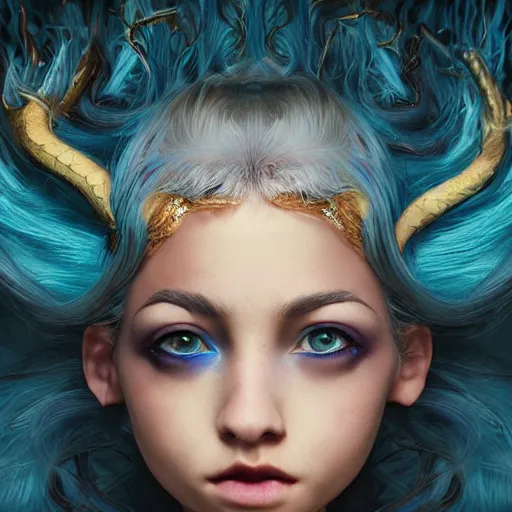 Image similar to The dragon girl portrait, portrait of young girl half dragon half human, dragon girl, dragon skin, dragon eyes, dragon crown, blue hair, long hair, highly detailed, cinematic lighting, Matte painting by David Lynch