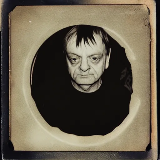 Prompt: haunted old polaroid photograph of mark e smith in a cave