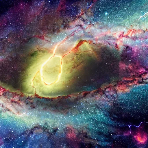 Image similar to nebula made of lightning, planets, shore, twister, frog, 4 k