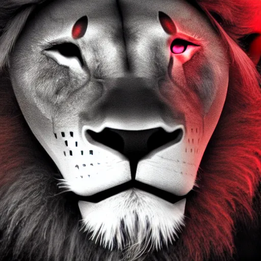 Image similar to anonymous lion face, closeup of face, volumetric lighting, face encircled by fire, crimson - black color scheme