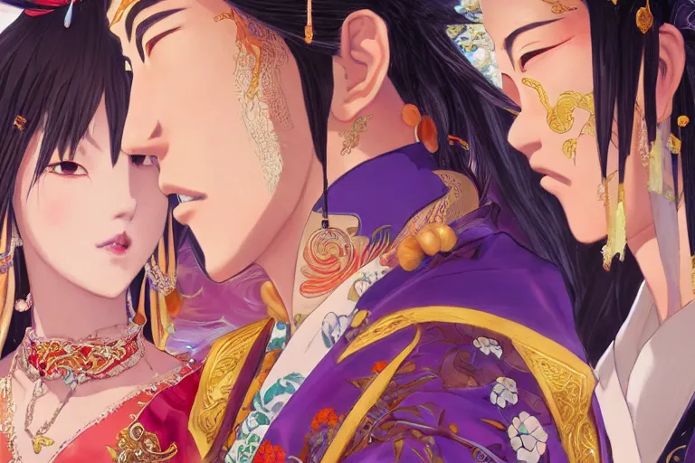 Image similar to close up moment of a divine a japan sun god and a moon goddess lovers magician at a wedding banquet, highly detailed, genshin, fantasy, 4 k realistic, digital painting, trending on artstation, concept art, sharp focus, illustration, art by makoto shinkai and akihiko yoshida and daniel gerhartz