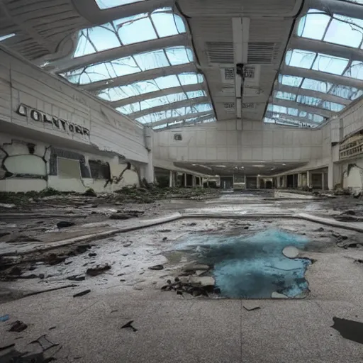 Prompt: abandoned mall, under water, muted lighting