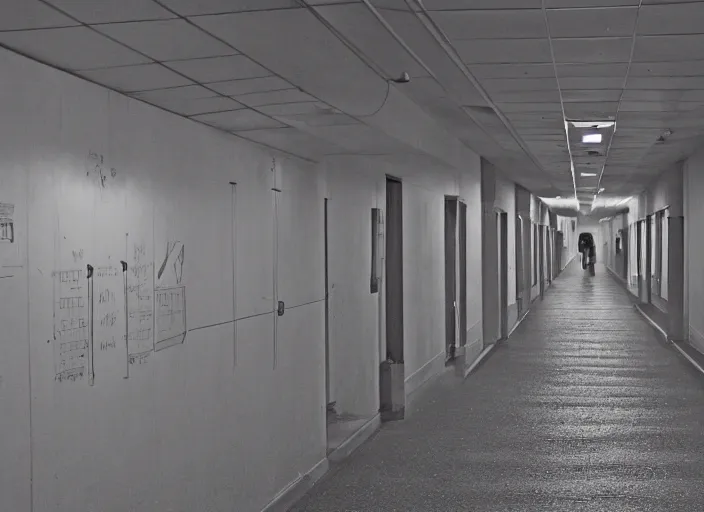 Image similar to a school corridor at night, night time, after hours, low light