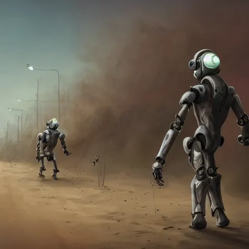 Prompt: two robots in power armor fleeing in a sand covered street, horrible smoke monster made of bones, post apocalypse, ruined subdivision houses, Sci Fi, intricate, elegant, highly detailed, digital painting, artstation, concept art, matte, sharp focus, illustration, art by Isaac Asimov