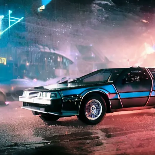 Image similar to a cyberpunk delorean breaking the space - time continuum, energy and time particles, dramatic framing, movie footage, 8 k