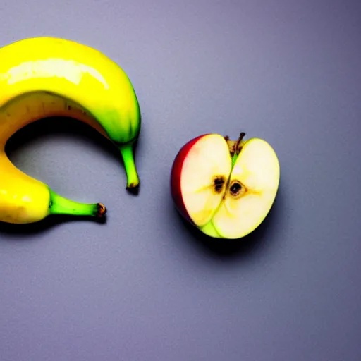 Prompt: a banana merged with a apple! Ultra realistic! 25mm f/1.7 ASPH Lens!