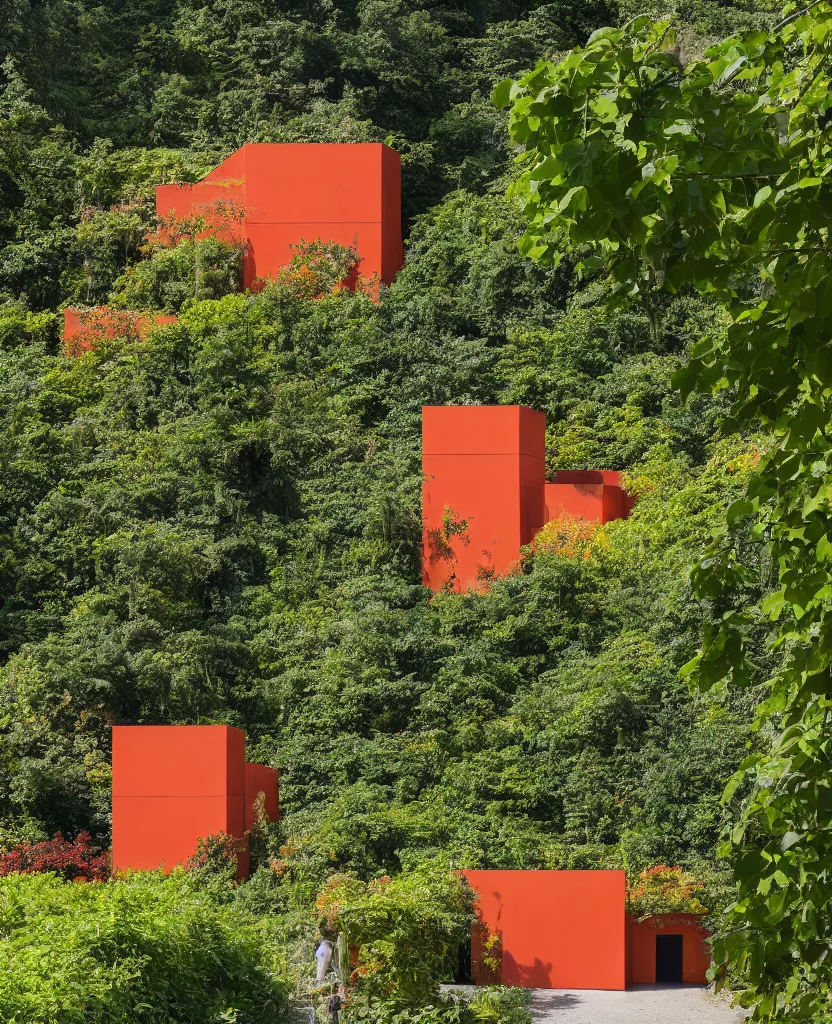 Prompt: a red and orange and yellow concrete house surrounded by rampant vine growth, in a castle garden, dappled sunlight, 35mm photography, in the style of david chipperfield and gregory crewdson
