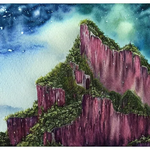 Image similar to beautiful lush natural scene on another planets majestic imposing cliffs. different than earth but beautiful. lightfall. beautiful detailed artistic watercolor. trending on artstation and deviantart.