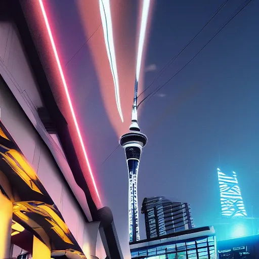 Image similar to auckland city and sky tower furturistic beacon, dynamic lighting, cinematic composition, upside down stranger things, cyberpunk, evil, artstation, octane render