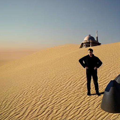 Prompt: star wars fan in the Dune desert next to earthworm in stile of Aivazovsky