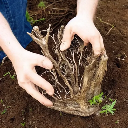 Image similar to a hand made of tree roots growing out of the ground