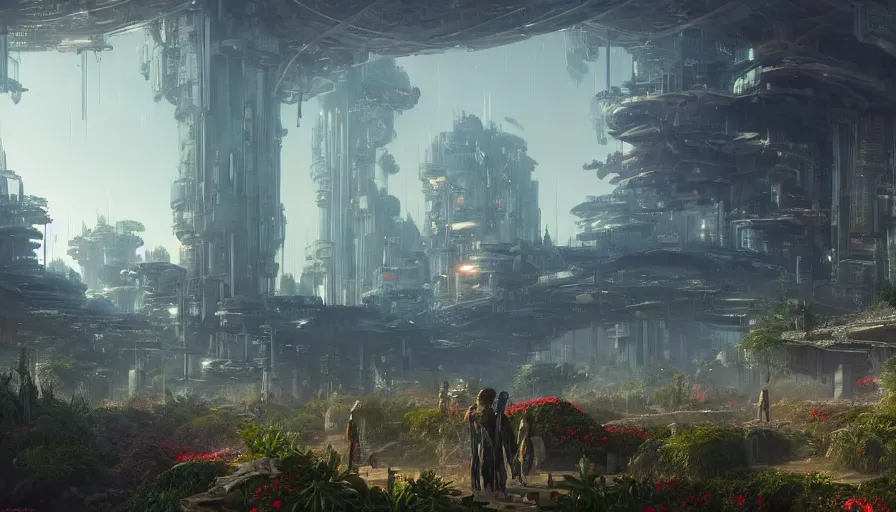 Prompt: highly detailed digital matte painting of beautiful gardens on a massive space station, by Raphael LaCoste and Ruan Jia and Robert McCall, postcyberpunk, hyperdetailed, dusk, wide shot, volumetric lighting, autochrome, octane render