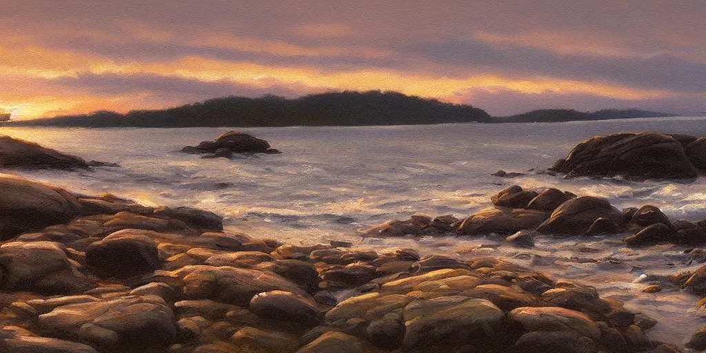 Image similar to rocky seashore, dawn, countryside, peter sculthorpe, painting, artstation