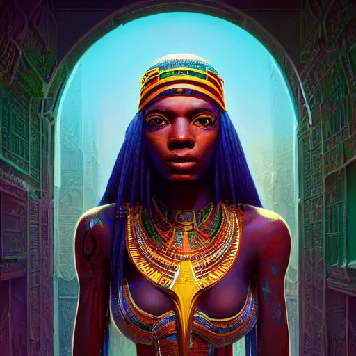 Image similar to highly detailed portrait of an african neon egyptian goddess, intricate alien technology, stephen bliss, unreal engine, fantasy art by greg rutkowski, loish, rhads, ferdinand knab, makoto shinkai and lois van baarle, ilya kuvshinov, rossdraws, tom bagshaw, global illumination, radiant light, detailed and intricate environment