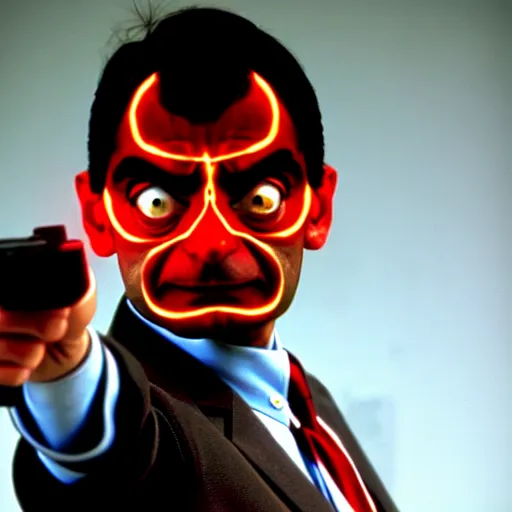 Prompt: mr. bean as the terminator. movie still. red glowing eye. t 1 0 0 0, cinematic lighting.