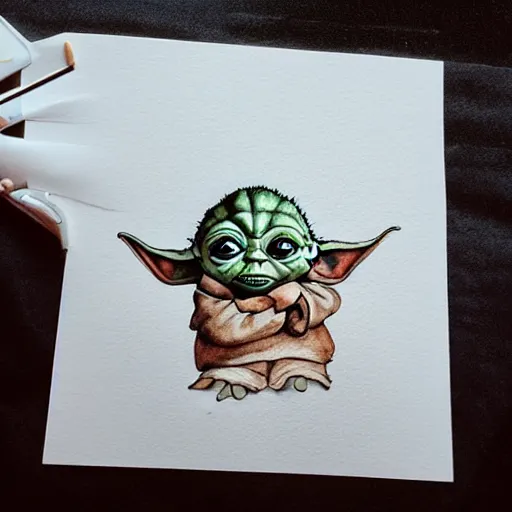 Prompt: high - angle view, baby yoda on a well lit path in a dimly lit forest, dramatic cloudy setting sun, muted color. minimalist, detailed, watercolor, ink ue 5