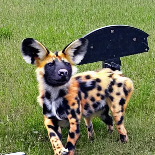 Image similar to Look at this african painted dog with his huge radar ears- positively fluffsome all around and no doubt prone to rambunctiousness. I suspect he is to be engaged in mischief soon.