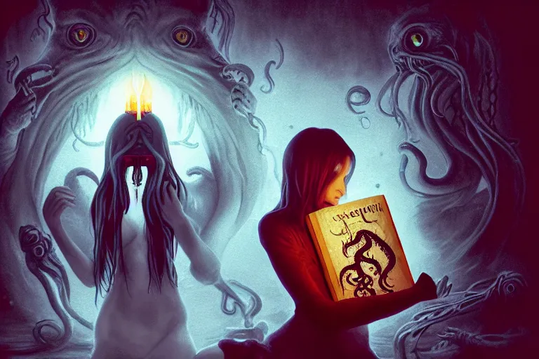 Image similar to romantic photo of bright girl, her cat and her book of necronomicon, symmetrical, cinematic, real dlsr photography, sharp focus, 4 k, ultra hd, sense of awe, sinister demonic atmosphere, dreadful, forbidden knowledge, old gods, cthulhu, yog - sothoth! yah, yah, yah! cultist journal cover