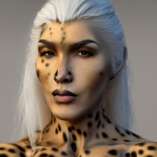 Image similar to A human cheetah hybrid with long lush white hair, concept art, highly detailed, 8k