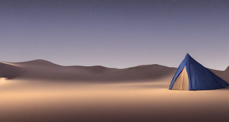 Image similar to hyper realistic matte painting of a small tent in the desert with dunes at night, blue color scheme, artstation