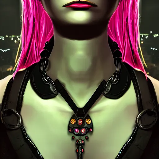 Image similar to detailed realistic cyberpunk female character cyberpunk wearing large steel collar around neck, realistic, art, beautiful, 4K, collar, choker, collar around neck, punk, artstation, detailed, female, woman, choker, cyberpunk, neon, punk, collar, choker, collar around neck, thick collar, choker around neck, wearing choker, wearing collar, bright neon punk hair, collar, choker,