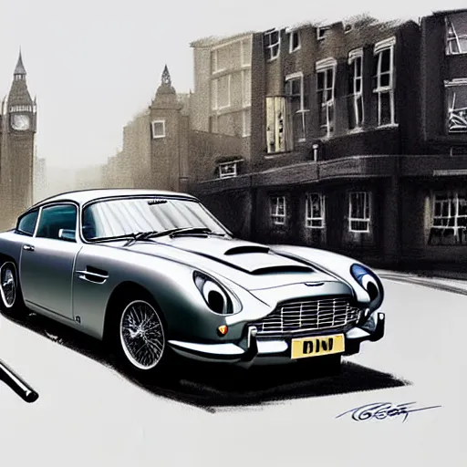 Image similar to a marker pen sketch of an aston martin db 5, in a rich london business district street, medium range, studio ghibli, ( pixar ) and disney animation, sharp, very detailed, bloom, high resolution, anime key art by greg rutkowski