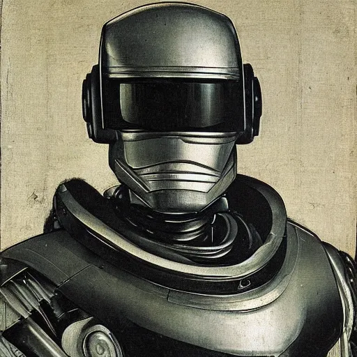 Prompt: a portrait of Robocop by Hans Holbein the Younger