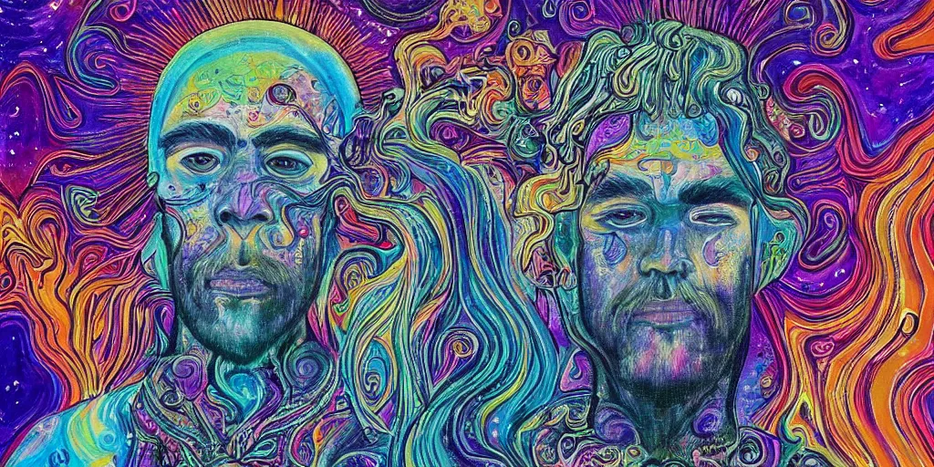 Prompt: a beatufil cosmic detailed painting of an spiritual mystic man in a new world with strage but beautiful beings and psychedelic surreal forms