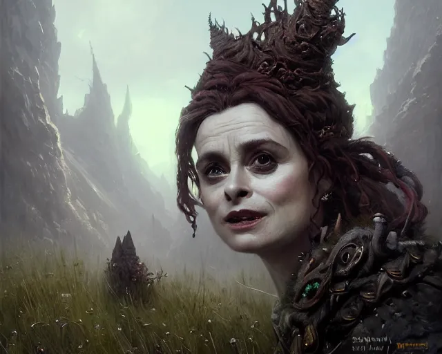 Image similar to highly detailed portrait of helena bonham carter as a fantasy goblin, in skyrim, stephen bliss, unreal engine, fantasy art by greg rutkowski, loish, rhads, ferdinand knab, makoto shinkai and lois van baarle, ilya kuvshinov, rossdraws, tom bagshaw, global illumination, radiant light, detailed and intricate environment