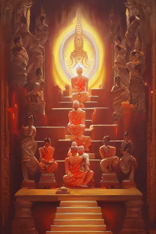 Image similar to temple, buddhism, painting by greg rutkowski, j. c. leyendecker, artgerm