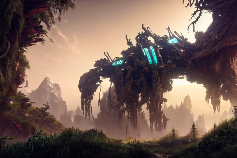 Image similar to wide epic shot from horizon forbidden west. a hyper detailed organic mechanic creatuve realistic similar look as horizon forbidden west horizon zero dawn, bioluminiscence in a dark deep forest at dawn in spring, with reflection and textures, by kilian eng, substance painter reaslitic mech surface metal painted scratches, world env from horizon forbidden west horizon zero dawn