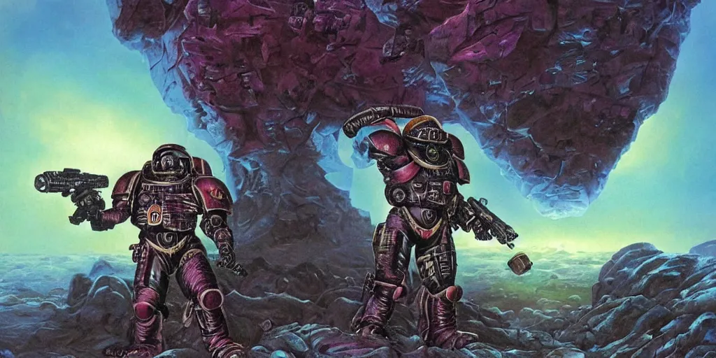 Image similar to space marine exploring an alien planet, art by jim burns and wayne barlowe, retro sci - fi, key visual, illustration, sharp focus, colorful, highly detailed