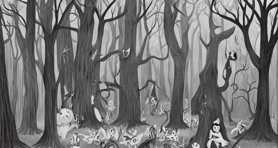 Image similar to Enchanted and magic forest, by Charles Addams