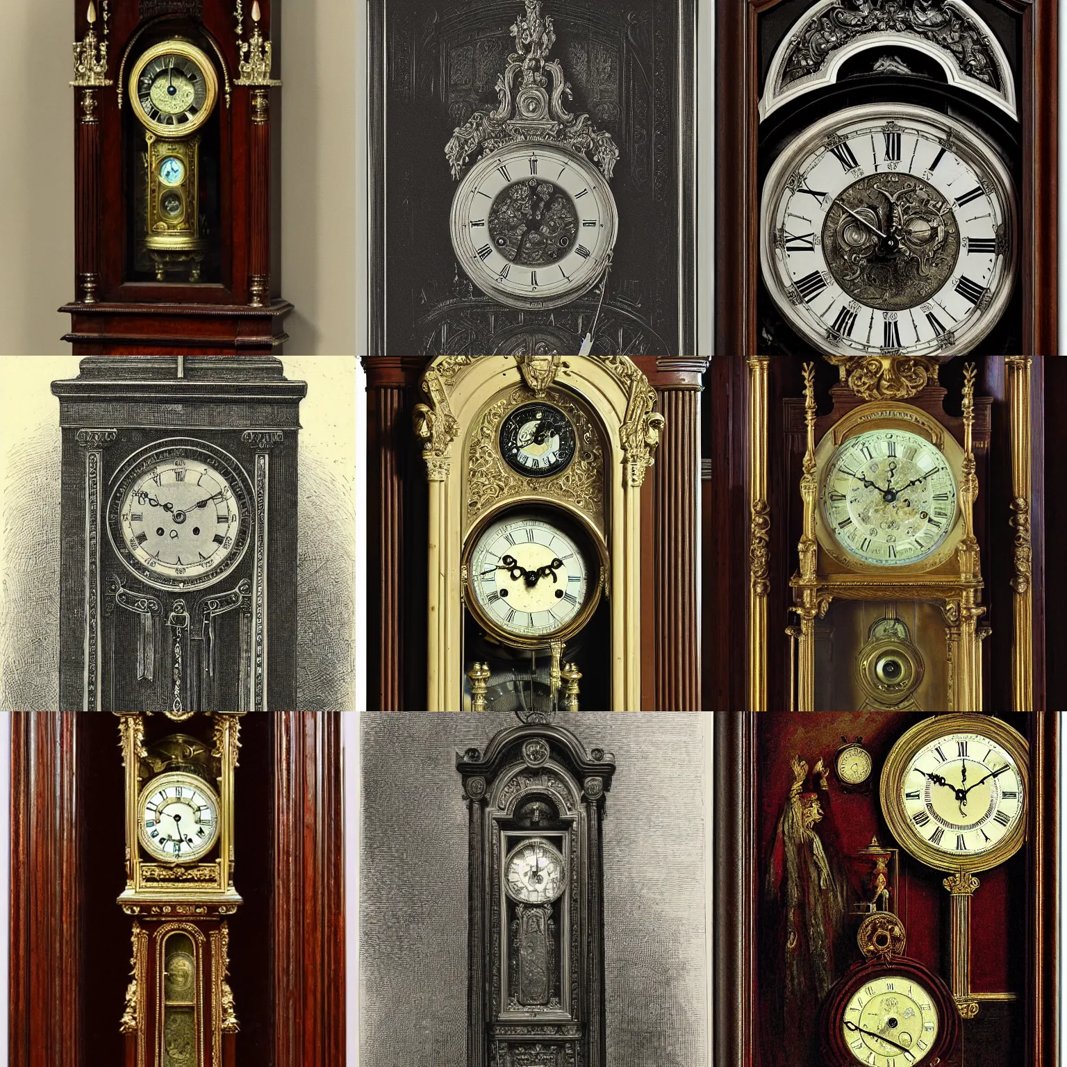 Prompt: an antique grandfather clock by gustave dore