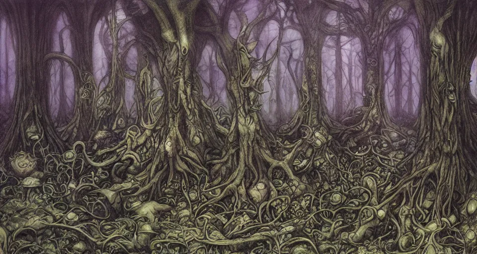 Image similar to A dense and dark enchanted forest with a swamp, by Brian Froud