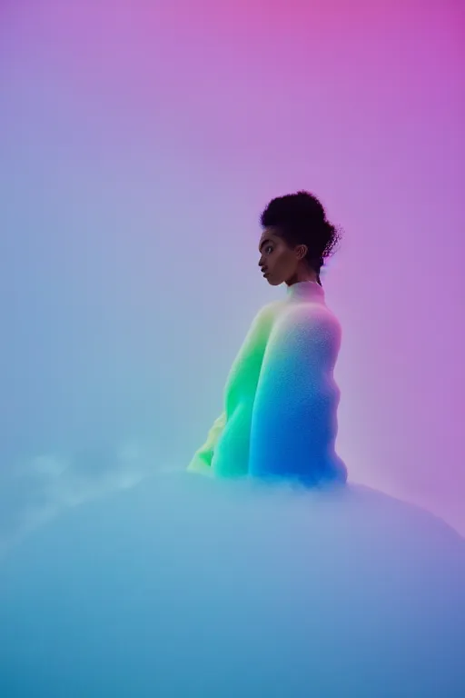 Image similar to high quality pastel coloured film close up wide angle photograph of a model wearing clothing resting on cloud furniture in a icelandic black rock!! environment in a partially haze filled dreamstate world. three point light, rainbow. photographic production. art directed. pastel colours. volumetric clouds. pastel gradient overlay. waves glitch artefacts. extreme facial clarity. 8 k. filmic.