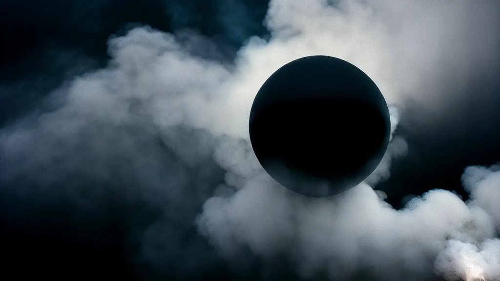 Image similar to plumes of smoke flow out of a black sphere in the sky, fog, volumetric lighting, mystique, atmospheric, sharp focus, ultra detailed, noir art house, 4 k, cinematic, 3 5 mm