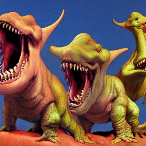 Prompt: a group of pachycephalosaurus laughing about something, dinsosaurs, roger dean