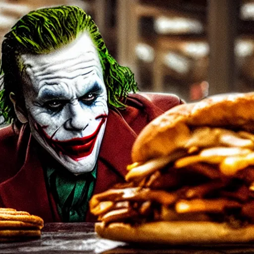 Prompt: cinematic shot of the joker sitting on a gigantic pile of chicken and biscuits in a warehouse, 8 k, very intricate, very detailed,