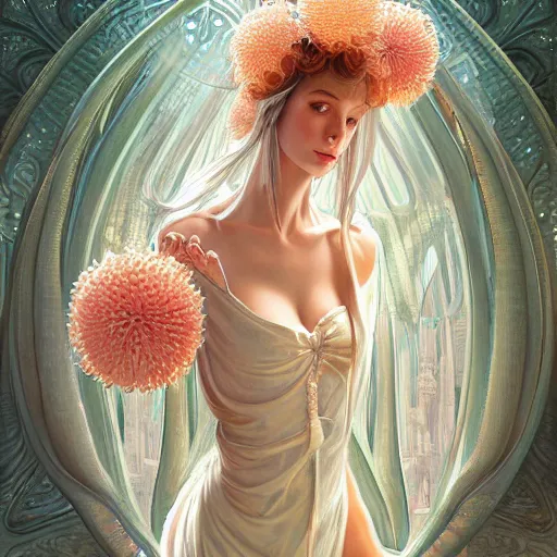 Image similar to a photograpic portrait of a anthropomorphic mimosa wearing white clothes, fantasy, intricate, elegant, highly detailed, digital painting, artstation, concept art, smooth, sharp focus, illustration, art by artgerm and H R Giger and alphonse mucha