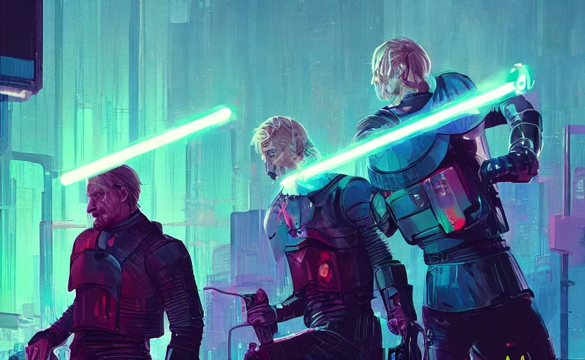 Image similar to jaime lannister and brienne of tarth fight a thousand neon zombies with lightsabers, cyberpunk art by james gilleard, cgsociety, retrofuturism, synthwave, retrowave, outrun